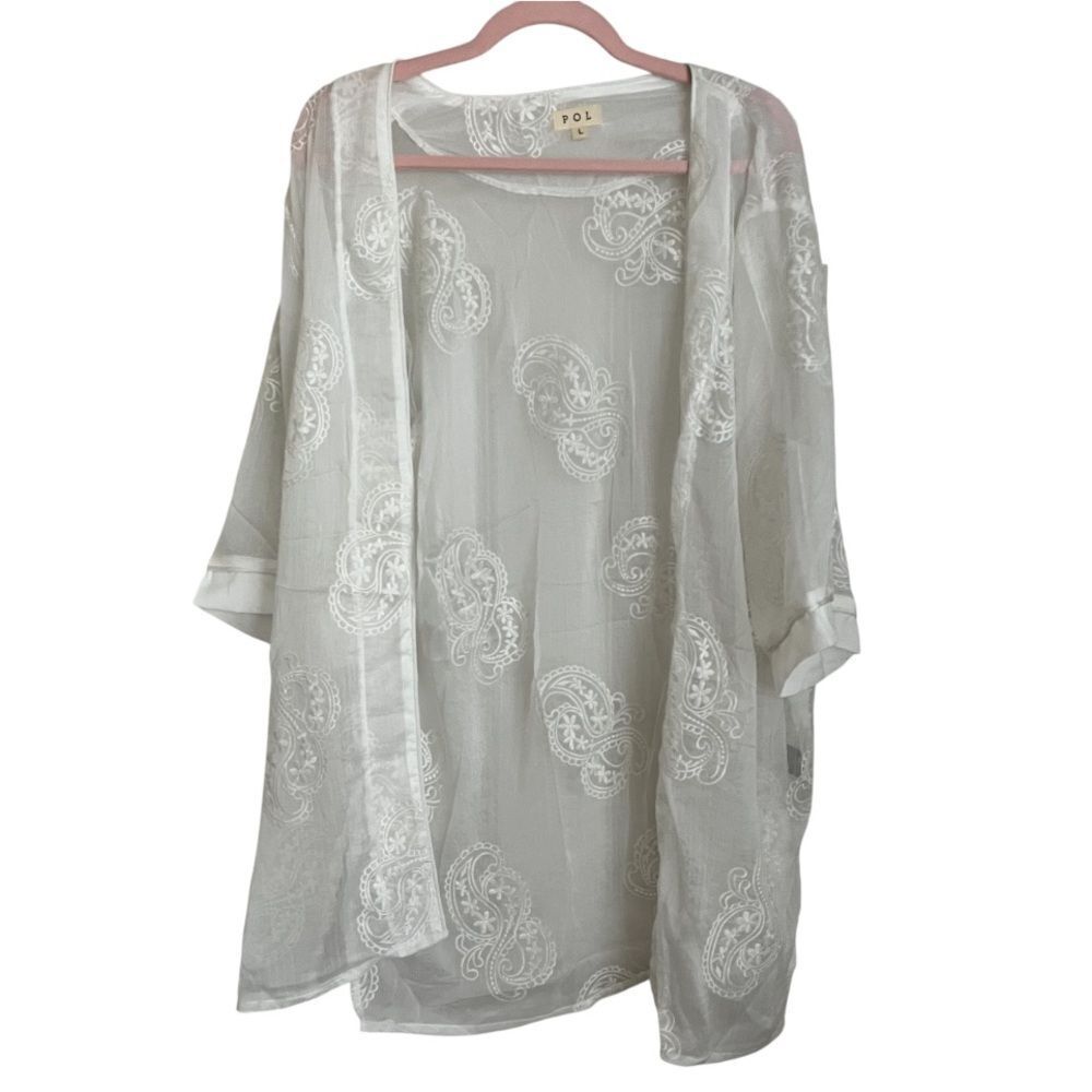 NEW Pol Boho Lace Floral Embroidered‎ Kimono White Large
